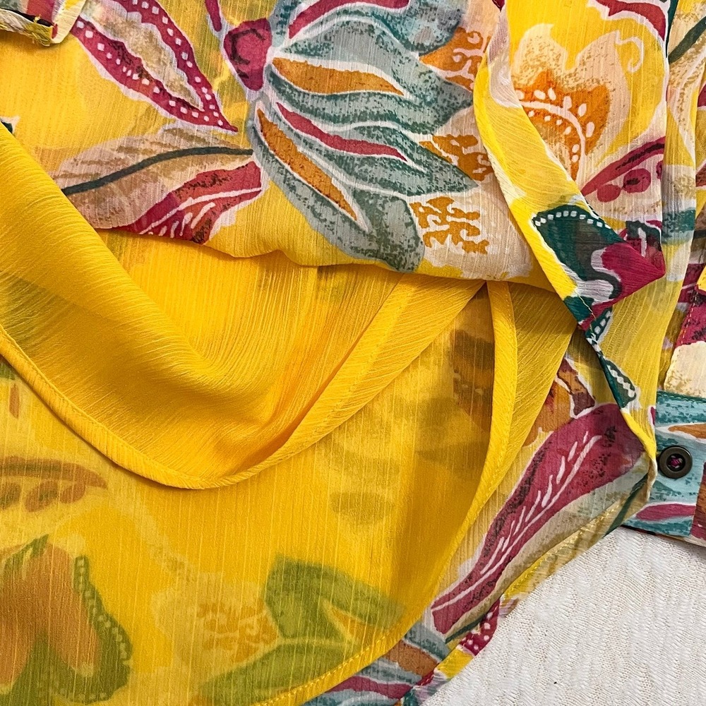 Pilcro Anthropologie Yellow Floral Blouse XL Sheer Button Front Long Sleeve - Picture 6 of 11